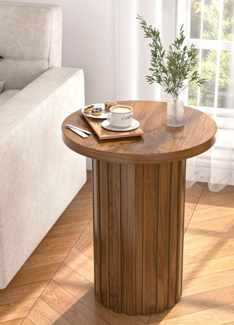 Farmhouse Round Pedestal End Table with Fluted Panel - Rustic Walnut Side Table for Compact Living Areas