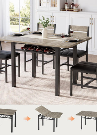 Extendable Dining Table Set for Four with PU Leather Upholstered Chairs and Integrated Storage Rack, Perfect for Compact Spaces, Grey Finish