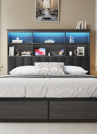Queen Bed Frame with Storage Headboard, Wood Construction with High Storage Bookcase, Four Drawers, LED Lighting, and Charging Station, No Box Spring Required, Noise-Free, All-Metal Support, Rustic Grey Finish