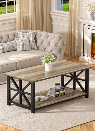 39-Inch Farmhouse Coffee Table with Storage Shelf and Rounded Corners - Gray Wash Finish, Space-Saving Design, Easy Assembly for Living Room