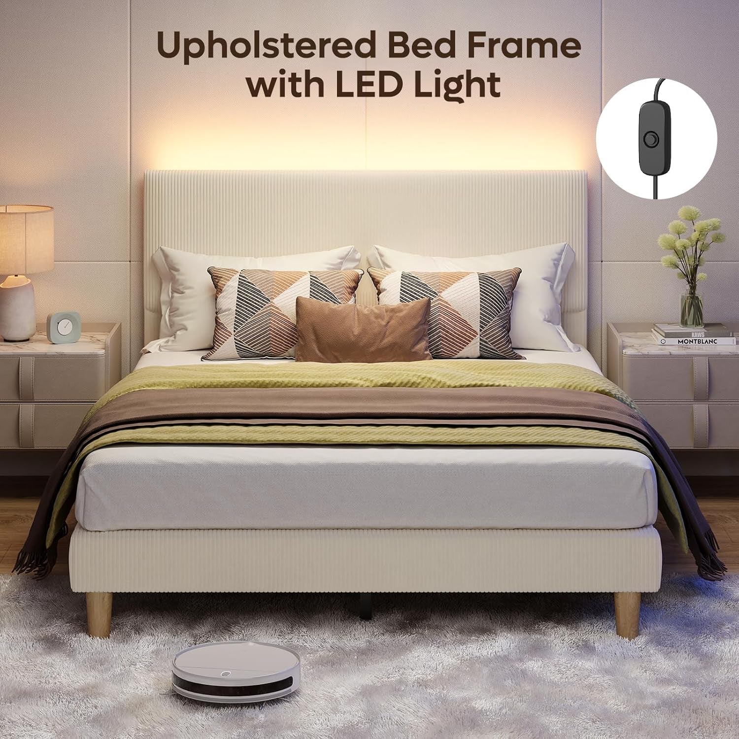 Bed Frame Queen Size with Headboard,Platform Bed Frame Upholstered with LED Lighting,Solid Wooden Bed Frame Slats Support,No Box Spring Needed, Never Squeaks, Easy Assembly,Beige