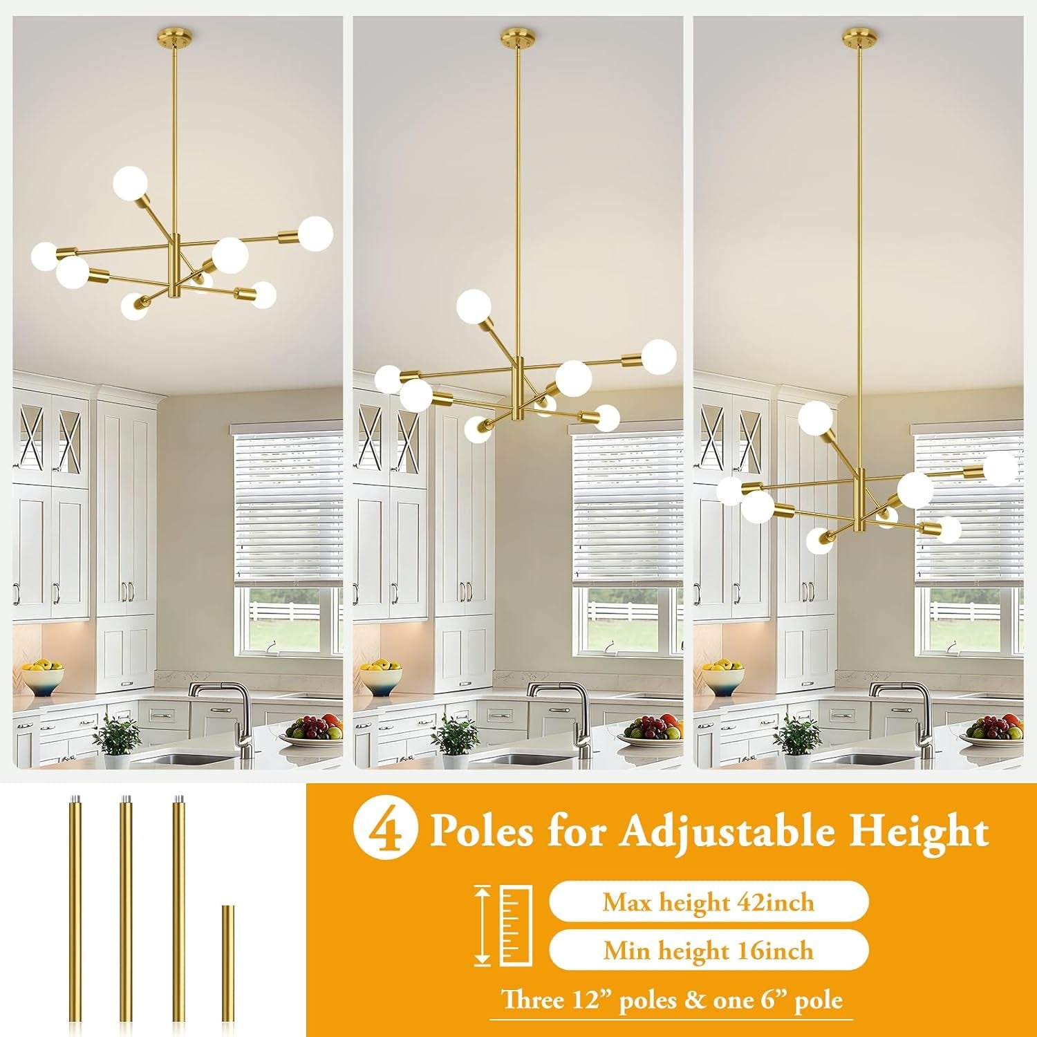 8-Light Modern Sputnik Chandelier, Mid Century Gold Chandeliers Lighting, Farmhouse Ceiling Hanging Light Fixture for Dining Room Bedroom Living Room Kitchen Foyer, Height Adjustable