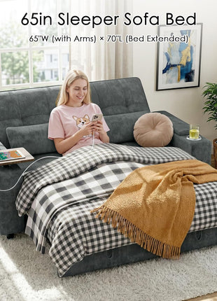 Versatile 65-Inch Chenille Sleeper Sofa Bed - Stylish Convertible Loveseat with Adjustable Backrest, Integrated Side Table, Built-In Charging Port, Cup Holder, and Hidden Storage in Dark Grey