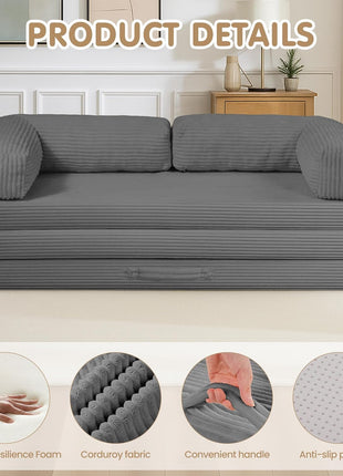 5-in-1 Convertible Sofa Bed - Elegant Boneless Couch with Removable L-Shaped Armrests, Tri-Folding Floor Mattress, and Pull-Out Bed for Enhanced Comfort