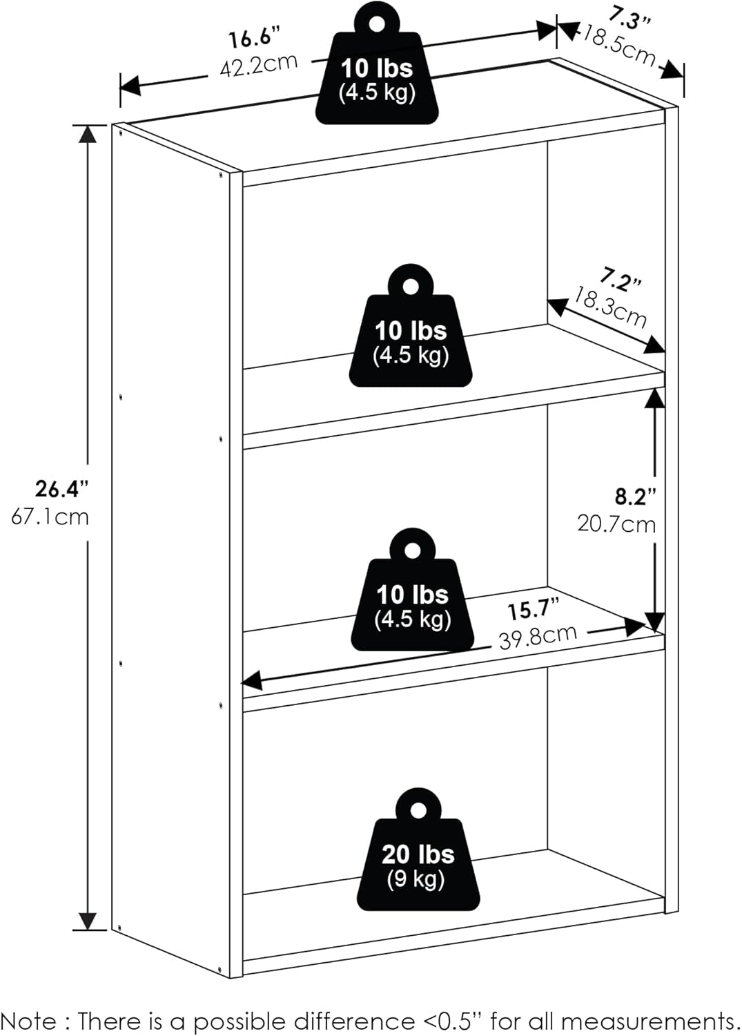 Basic Book Shelf, 3-Tier Bookshelf, Cube Storage Organizer Bookcase with Open Shelf, 7 X 17 X 26, for Living Room, Bedroom, Home Office, Espresso