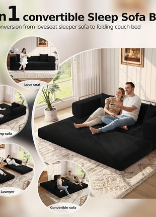 78.8-Inch Convertible Sleeper Sofa - Modular Black Corduroy Couch with Armrest Pillow, No Assembly Required