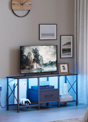Industrial LED TV Stand with Fabric Drawer and Open Shelving for 50-55 Inch TVs, Black Entertainment Center for Living Room and Bedroom