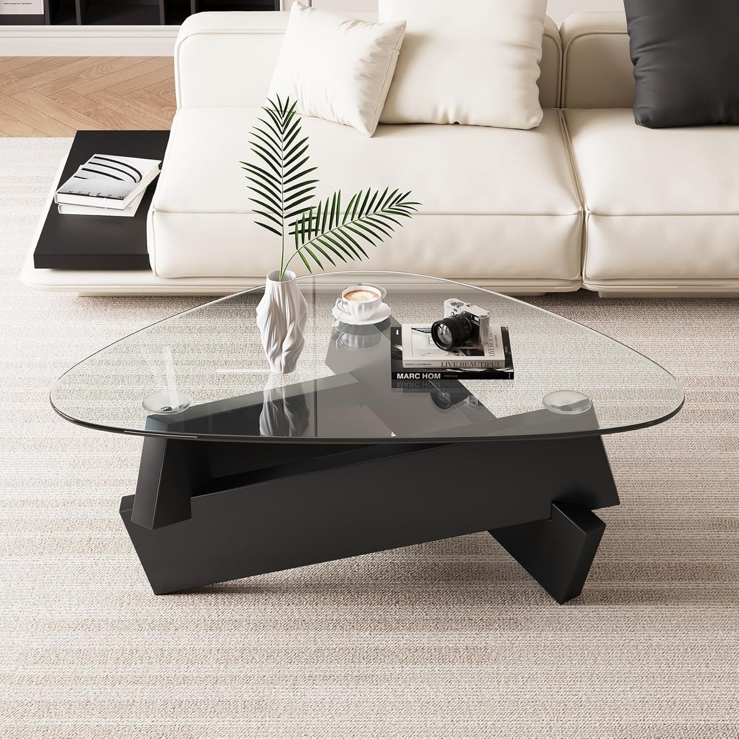Modern Mid Century Triangle Glass Coffee Table Black Center Table with Tempered Glass Top Unique Natural Wood Tea Table for Living Room 35.5'' X 27.5'' X 15.7'' for Small Spaces, Rustic