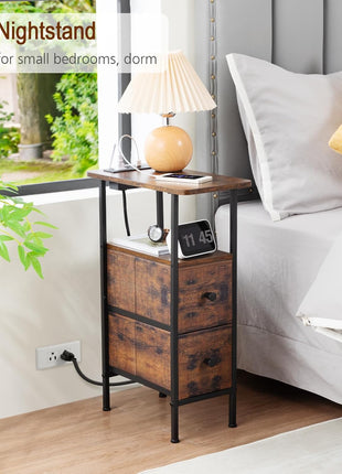 Narrow Nightstand Set with Charging Station - Pair of Slim End Tables for Living Room and Bedroom, Rustic Brown Finish with Fabric Drawers, Perfect for Compact Spaces