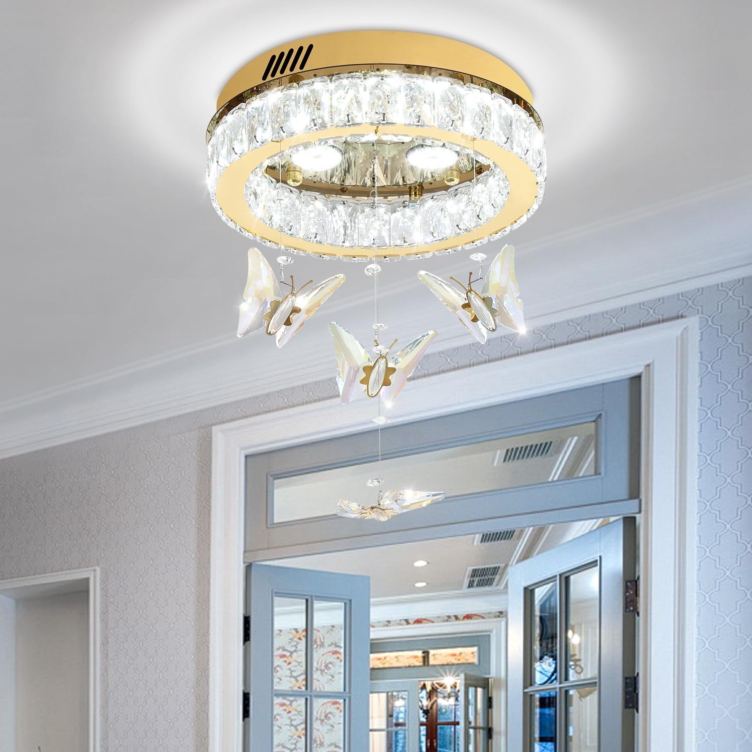 Butterfly Chandelier Gold 12In Modern Crystal Raindrop Chandelier Lighting Flush Mount Ceiling Chandeliers for Living Room 3XGU10