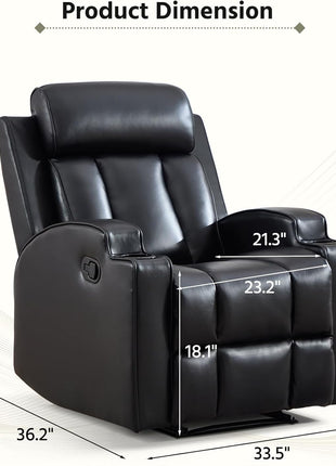 Premium PU Leather Manual Recliner Chair for Adults with Cup Holders and Padded Backrest, Overstuffed Heavy Duty Reclining Sofa for Living Room and Bedroom, Black