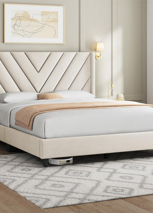 Upholstered Queen Bed Frame with Winged Headboard and Wooden Slat Support - No Box Spring Required, Beige