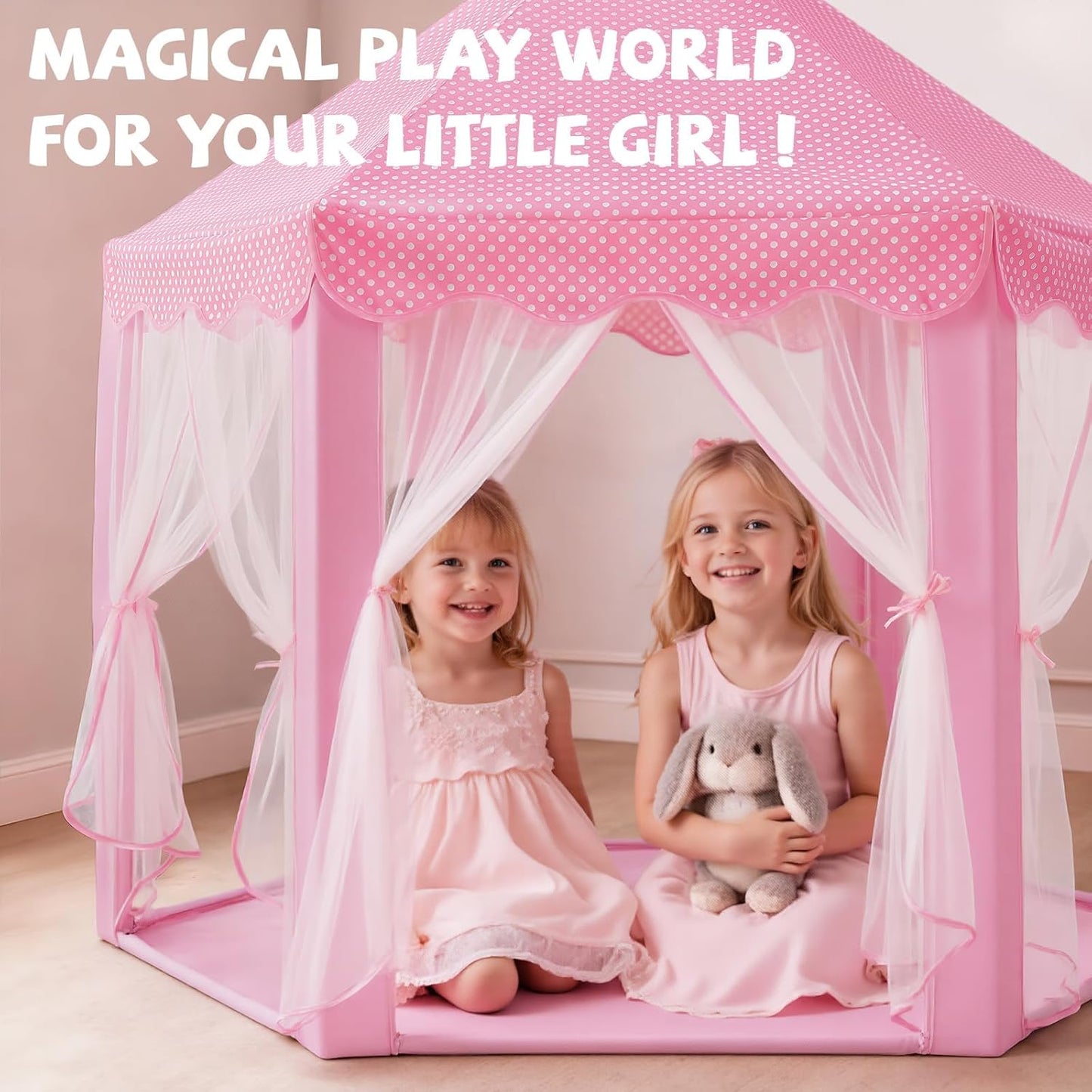 Princess Castle Tent for Girls Fairy Play Tents for Kids Hexagon Playhouse with Fairy Star Lights Toys for Children or Toddlers Indoor or Outdoor Games (Pink)