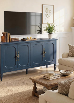 59" Vintage Buffet Cabinet with Adjustable Shelves and Carved Handle, Mid-Century Modern Navy Blue Sideboard for Kitchen and Dining Room
