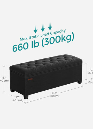 Ink Black Upholstered Storage Ottoman Bench with Legs - 15.7 x 43.3 x 15.7 Inches, Multi-functional Foot Rest and Storage Solution, Supports Up to 660 lbs, Perfect for Living Room, Bedroom, and Entryway, Model ULSF088B01