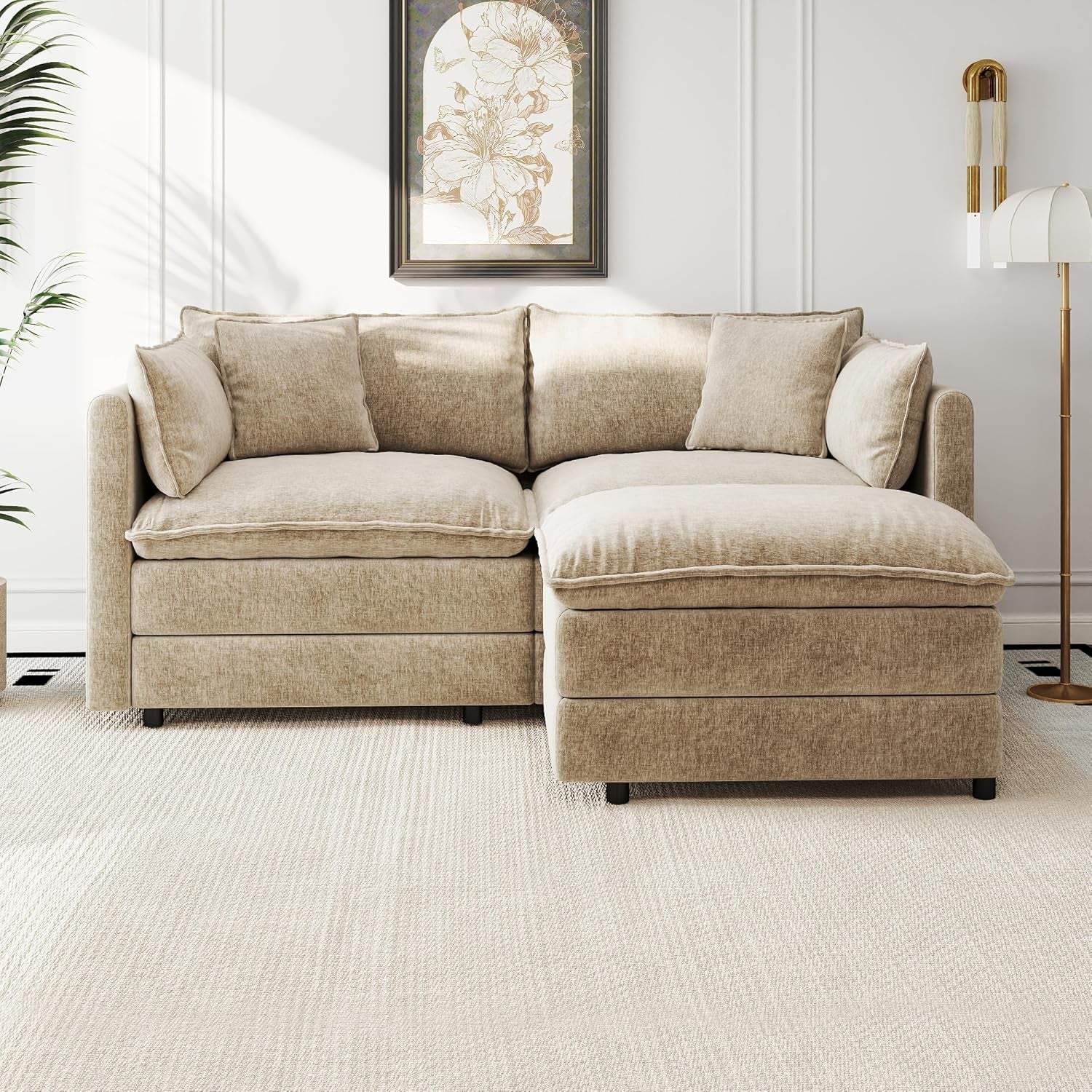 Modular Sectional Sofa Modern Convertible Loveseat Couch,77.16 Inch Deep 2-Seater Sofas Comfy Chenille Cloud Sofas and Couches Set with Movable Ottoman for Living Room Apartment（Camel）