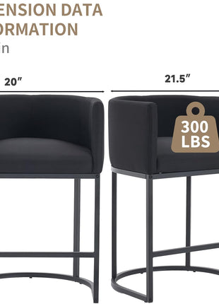 Set of 2 Black Counter Height Barrel Bar Stools with Curved Back and Linen Upholstery for Kitchen Island, Dining Room, Cafe, and Pub