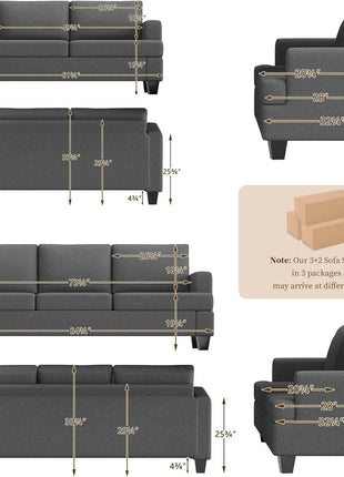 Contemporary Dark Grey 3-Seater Couch and Loveseat Set for Living Rooms, Deep Seat Sectional Sofa and Loveseat Combination