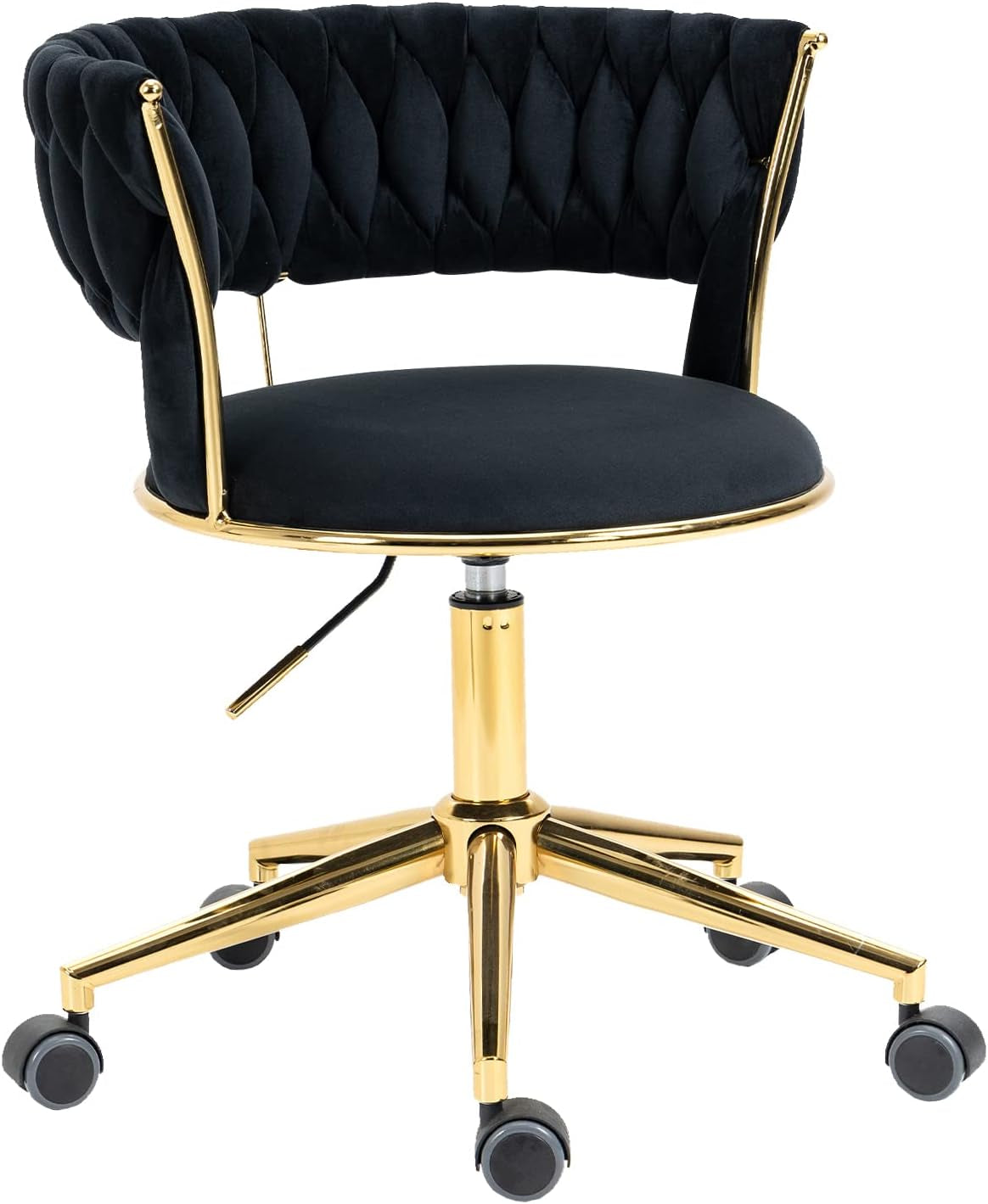Velvet Office Desk Chair with Hand Woven Backrest, 360° Swivel & Height Adjustable Task Chairs, Makeup Chair, Living Room Chairs with Stainless Base and 5 Wheels (Black)