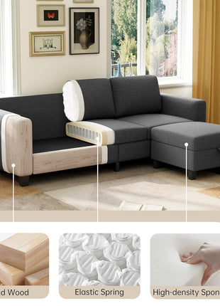 78-Inch Dark Grey Convertible L-Shaped Sectional Sofa with Storage Ottoman in Pet-Friendly Linen Fabric, Perfect for Small Spaces and Apartments