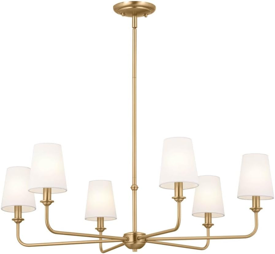 Pallas 6-Light Chandelier in Brushed Natural Brass, Classic Ceiling Light Fixture with Optional Linen Tapered Shades for Foyer, Living Room, or Dining Room, (32.25" W X 13.75" H), 52516BNB
