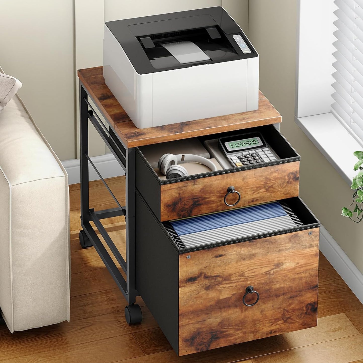 File Cabinet, 2-Drawer Vertical Mobile Office Cabinet, Rolling Printer Stand, for A4/Letter Size Files, Nonwovens Drawer, for Home Office, Rustic Brown BF21WJ01