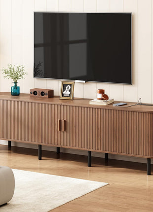 86.6" Contemporary TV Stand with Power Outlet for TVs up to 90 Inches, Entertainment Center with Storage and Adjustable Shelves, Walnut Finish and Sliding Doors for Living Room