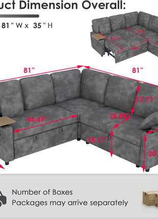81" Modular L-Shaped Sleeper Sofa with Adjustable Backrest and 360° Swivel Side Table in Elegant Grey Chenille for Enhanced Living Room Functionality