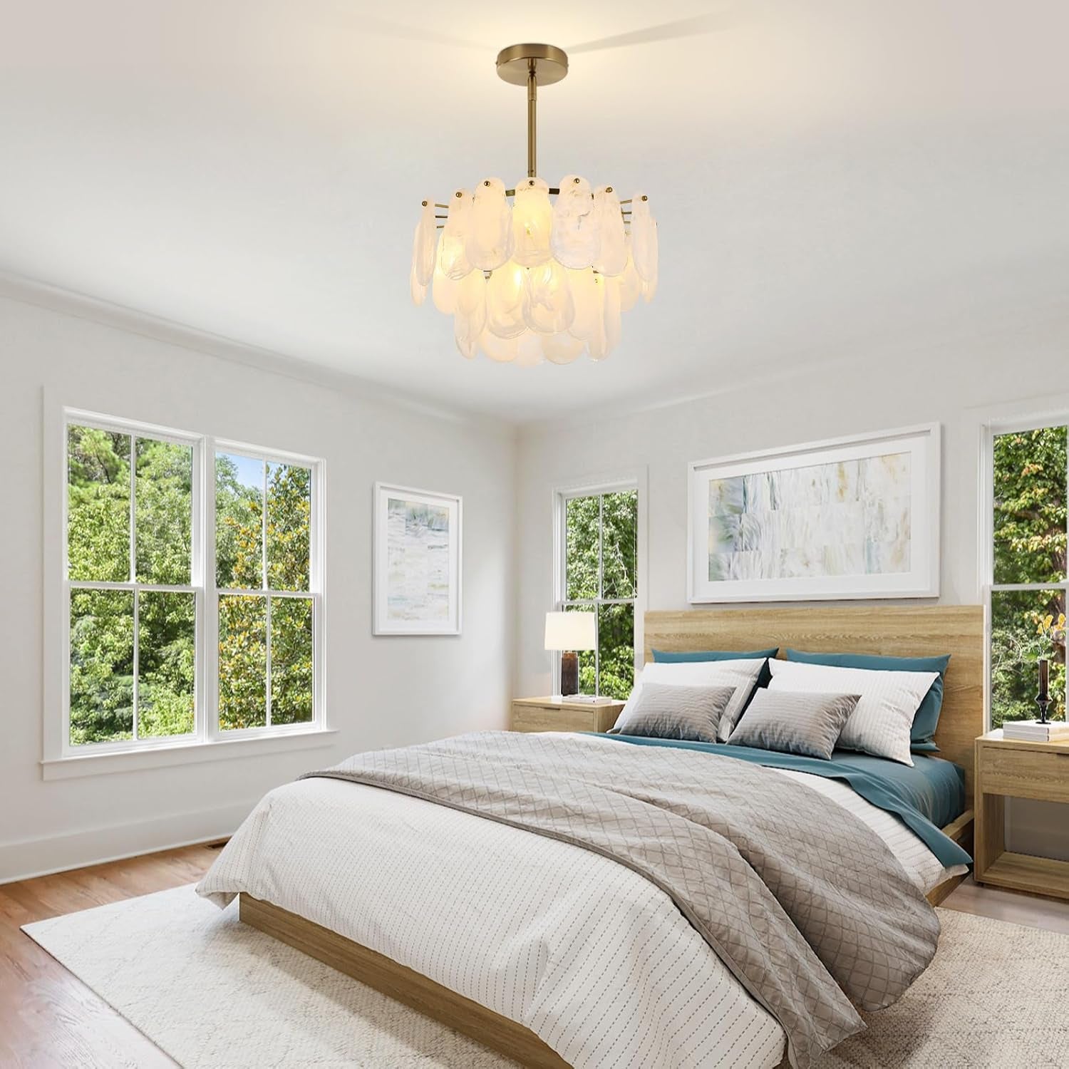 Modern Gold Chandeliers, 17.7" Luxury Cloud Glass Light Fixture, 2-Layer round Ceiling Hanging Light Fixture for Bedroom Dining Room Kitchen Island Living Room Entryway Bar Farmhouse 6-Light