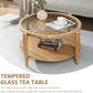 Rattan Coffee Tables,2-Tier round Boho Cocktail Tables, Mid Century Modern Coffee Table with Rattan & Tempered Glass Top and Wood Legs, Sofa Table for Living Room(Natural)