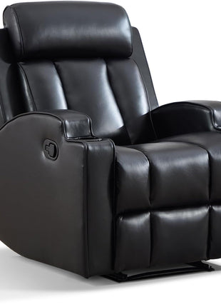 Premium PU Leather Manual Recliner Chair for Adults with Cup Holders and Padded Backrest, Overstuffed Heavy Duty Reclining Sofa for Living Room and Bedroom, Black