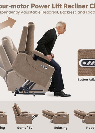 40-Inch Power Lift Recliner Chair for Seniors - Oversized 3-Motor Lift Chair with Electric Headrest, Adjustable Armrests, Heat and Massage Features for Big and Tall Individuals (Khaki)