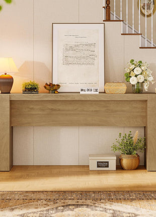 70.9-Inch Extra Long Console Table with Dual Storage Cabinets, Wooden Sofa Table for Behind Couch, Elegant Entryway Table with Double Base for Living Room, Hallway, and Foyer in Natural Oak Finish