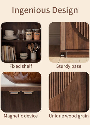 Contemporary Walnut Buffet Cabinet with Storage, Round Fluted Door Sideboard with Shelves, Modular Coffee Bar, Deep Beveled Design for Dining Room, Kitchen, Living Room, and Entryway, 32
