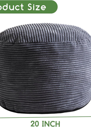 Round Corduroy Pouf Ottoman with Foam Filling - Fluffy Footstool and Storage Solution, 20 x 15 Inches, Dark Grey
