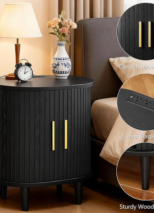 Mid-Century Modern Nightstand Set of 2 with Integrated Charging Station, Fluted Accent Side Table with Sliding Door and Adjustable Shelf, Perfect for Compact Living Room or Bedroom Spaces, Black