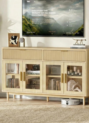 59-Inch Modern Sideboard Buffet Cabinet with Drawers, Adjustable Shelves, and Tempered Glass Doors - Oak Wood Coffee Bar for Kitchen and Living Room