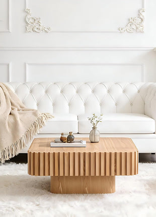 Handcrafted Square Wood Coffee Table with Fluted Design, Modern Center Table for Living Room, Perfect for Compact Spaces, Easy Assembly, 35.43" Ash Finish