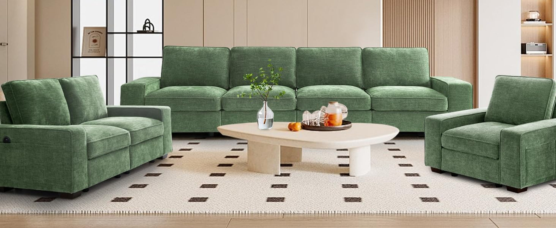 100" Modular Sofa with Seats Storage, Comfy 3-Seater Chenille Fabric Couch for Living Room, Office, Apart W/Deep Seat, USB Charging, Upholstered Couch with Removable Cover(Green)