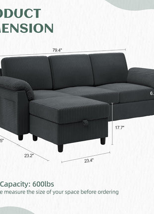 Convertible L-Shaped Sectional Sofa with Removable Cushions in Soft Corduroy Fabric - Ideal for Living Rooms, Apartments, and Offices (Gray)