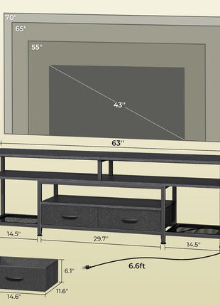 63-Inch LED TV Stand for 65-70 Inch Televisions, Modern Entertainment Center with Open Shelves and Power Outlets, Media Console with Drawers in Black