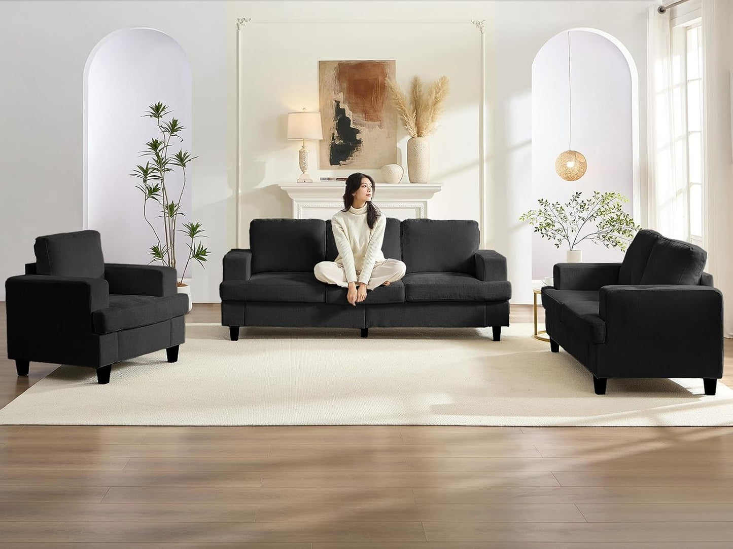 82" Width 3 Piece Living Room Sets Furniture, 3 Seater Sofa Couch and Loveseat and Chair Set, Modular Sectional Sofa Couch Sets, Sofas Couches Set for Living Room Bedroom Home Office, Dark Grey