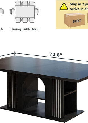 71-Inch Rectangular Black Oak Dining Table for Six with Storage, Durable Base, and Sophisticated Design for Contemporary Kitchens and Dining Areas