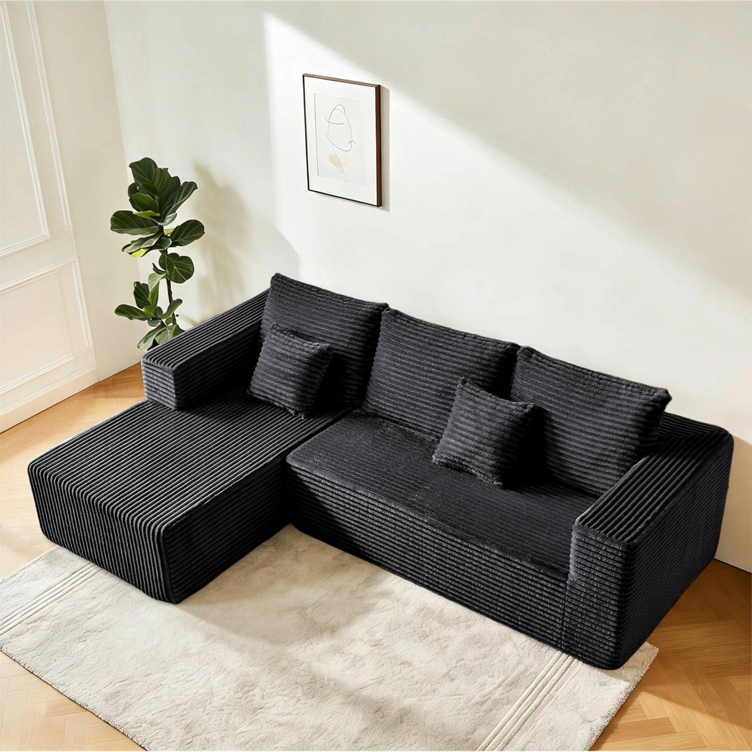 106" Black Corduroy Boneless Modular Sectional Sofa, Cloud-Louch Deep Seat Sofa with Left Chaise for Living Room & Bedroom（L-Shaped Left Facing Chaise）