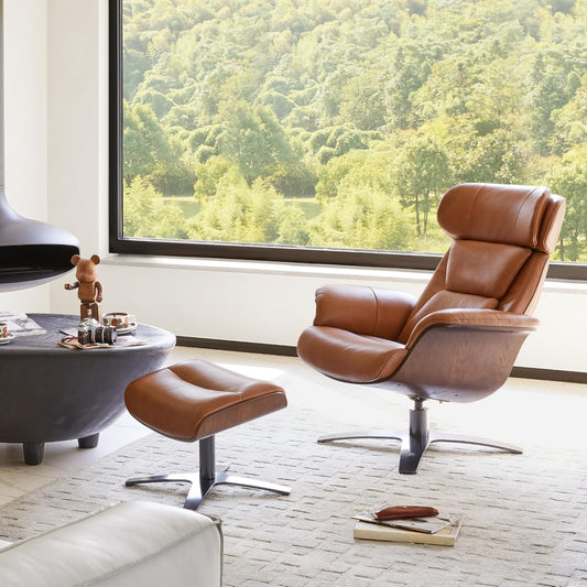 Genuine Leather Reclining Swivel Chair with Adjustable Headrest and Ottoman for Living Room, Saddle