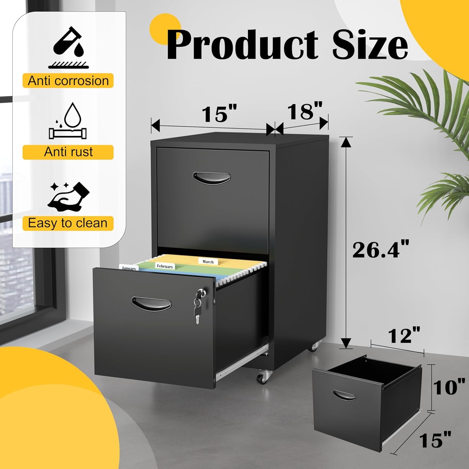 2 Drawer File Cabinet with Lock，Black Rolling File Cabinet for Home Office, Metal Small Mobile Filing Cabinets on Wheels for Hanging Letter