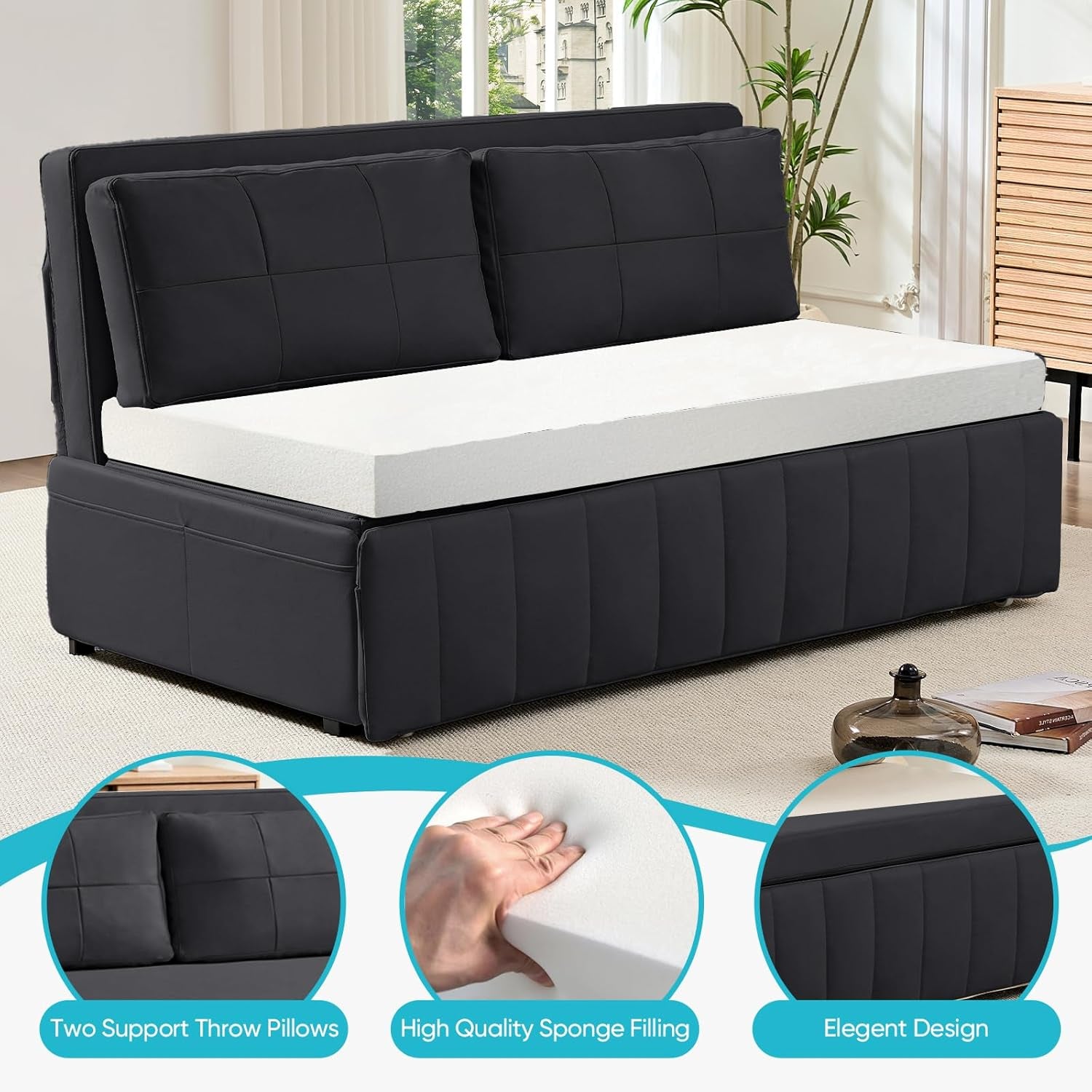 62.2" Queen Size Pull Out Sofa Bed，Leathaire Pull Out Couch with Tri-Fold Mattress，3-In-1 Convertible Sleeper Sofa with Pillows for Small Space/Bedroom/Apartment（Dark Grey）