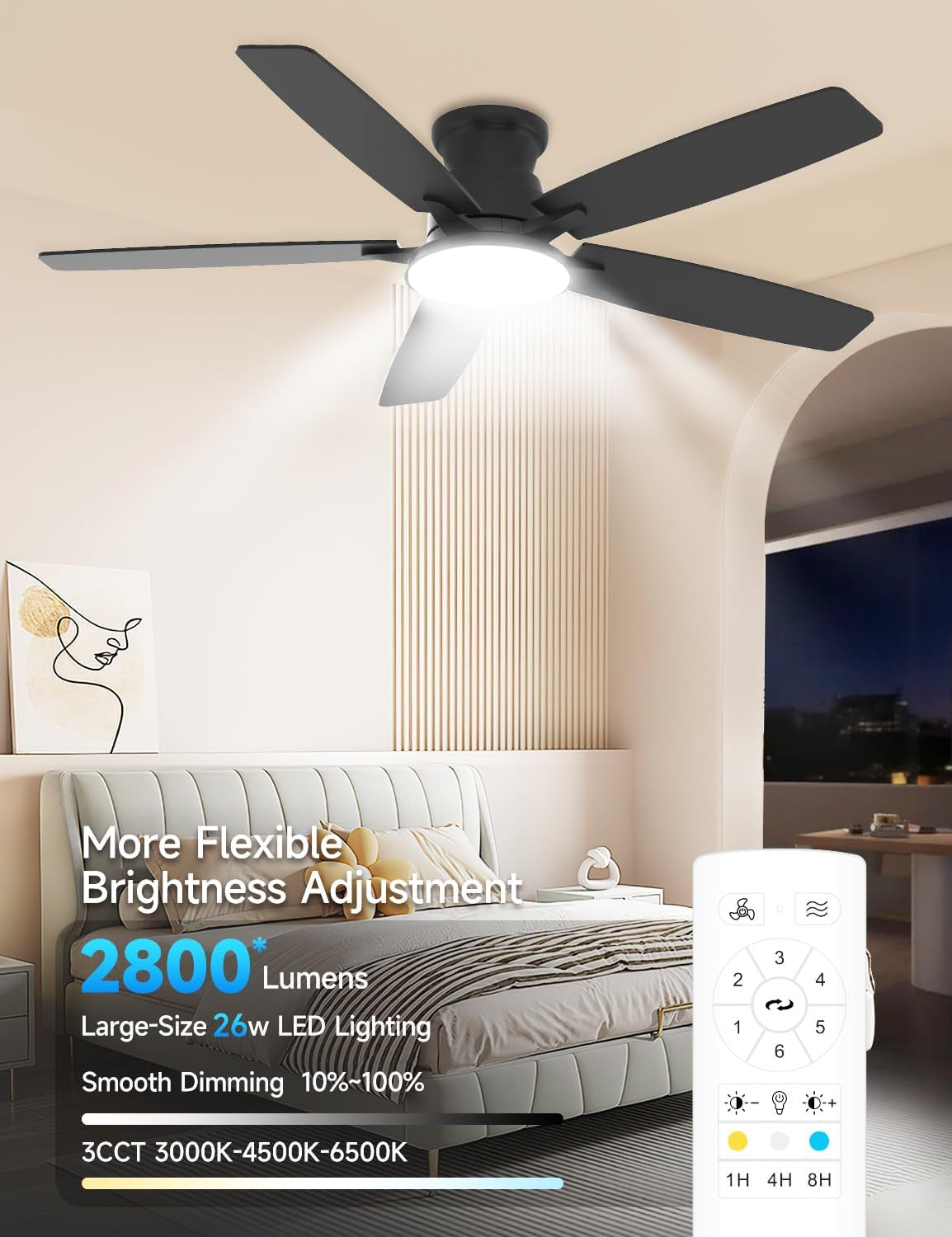 Flush Mount Ceiling Fan with Light, 52 Inch, Remote Control, 3CCT Dimmable LED, 6-Speed Silent Reversible DC Motor, Low Profile Hugger Ceiling Fan for Indoor/Outdoor 90-264V 50/60Hz Matte Black