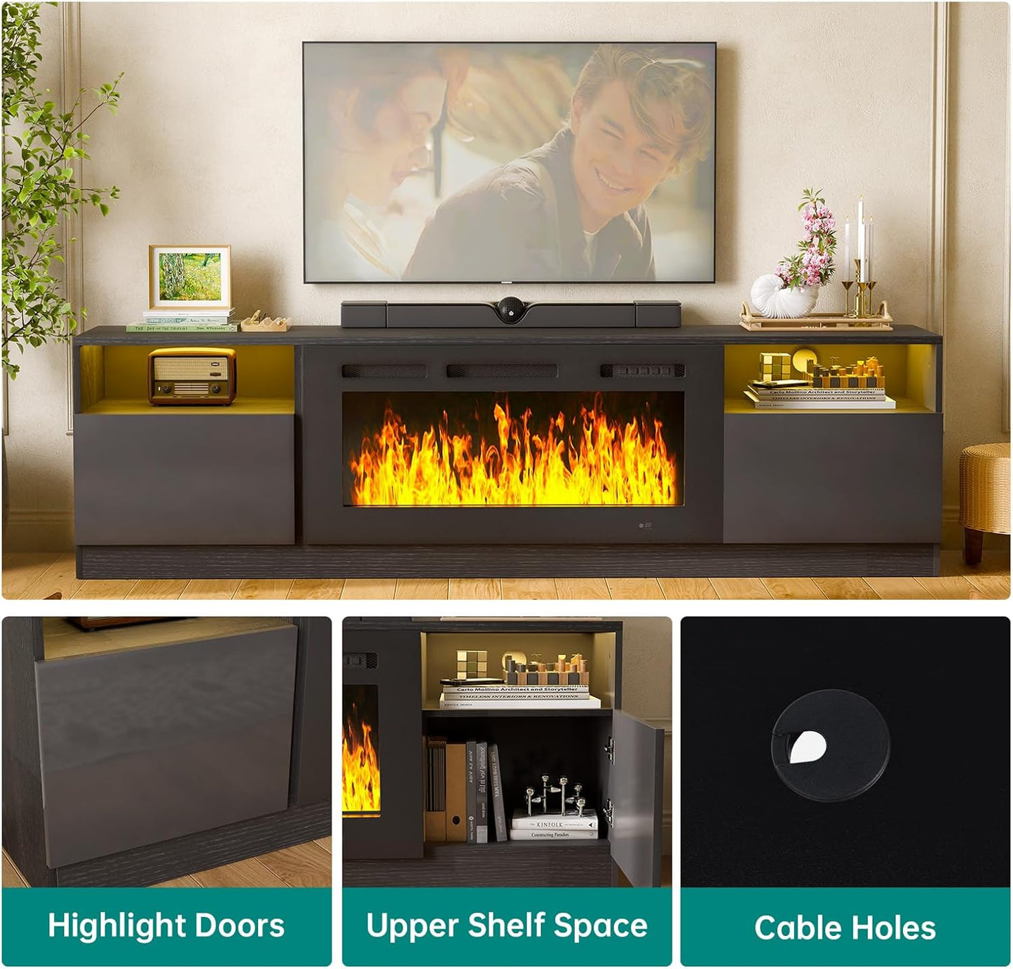 80" Fireplace TV Stand for Tvs up to 90", LED Light Entertainment Center with 36" Electric Fireplace, Modern Wood Texture TV Media Console with Highlight Storage Cabinet, Black+Black