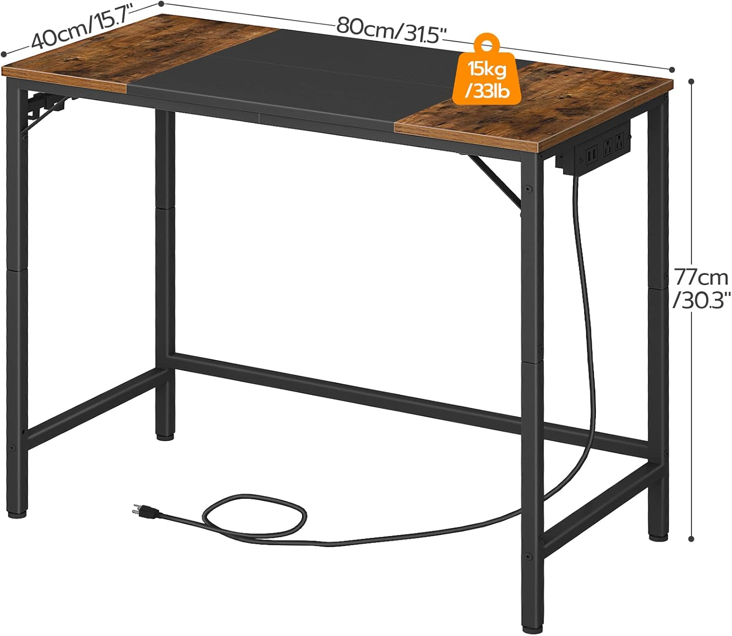 Computer Desk, Home Office Desk with Power Outlet, Modern Study Writing Desk with 3 Hooks for Study Room, Home Office, Sturdy and Stable, Easy to Assemble, Rustic Brown and Black BF40UDN01